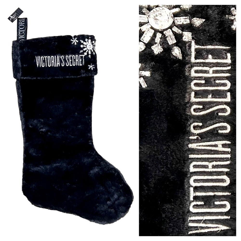 Victoria's Secret Christmas‎ Stocking Holiday Faux Fur Black Rhinestone Logo New